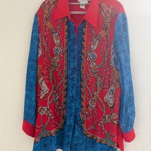 Vintage Diane Gilman Silk button down Shirt Equestrian Western Scarf Print Large